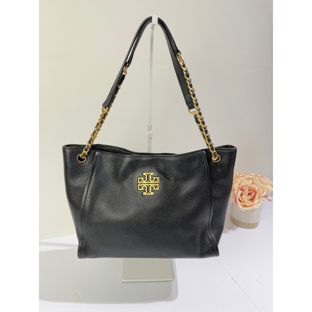 Tory Burch Britten Small Slouchy Tote Black Pebbled Leather Gold Chain Bag - Picture 2 of 16